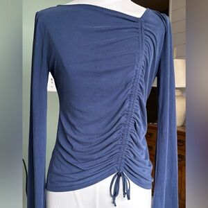 Project Social T Super Soft Blue Ruched Long Sleeve Top w Asymmetrical V-neck